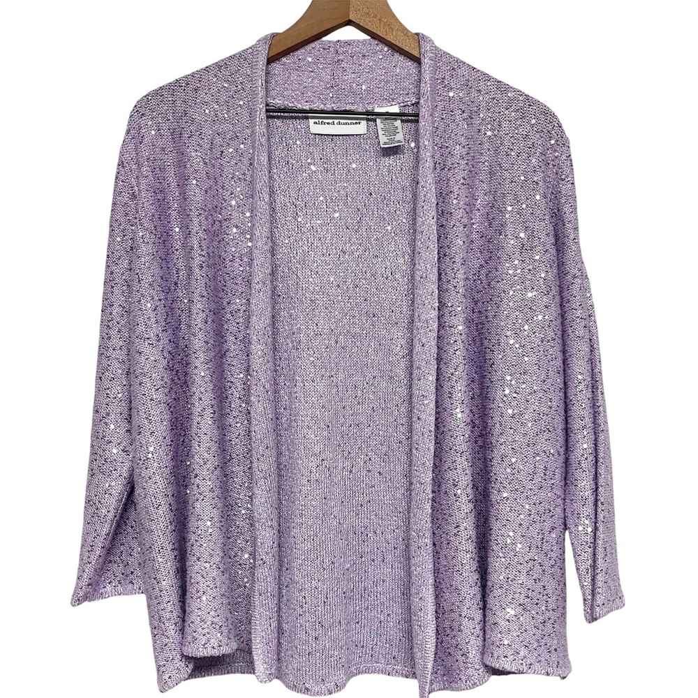 Alfred Dunner Womens Purple Sparkly Cardigan Sweater Size M Open Front Dressy